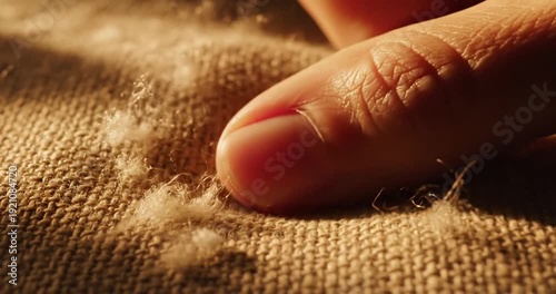Wallpaper Mural Close-up of a finger gently touching textured fabric with soft fibers illuminated by warm light Torontodigital.ca