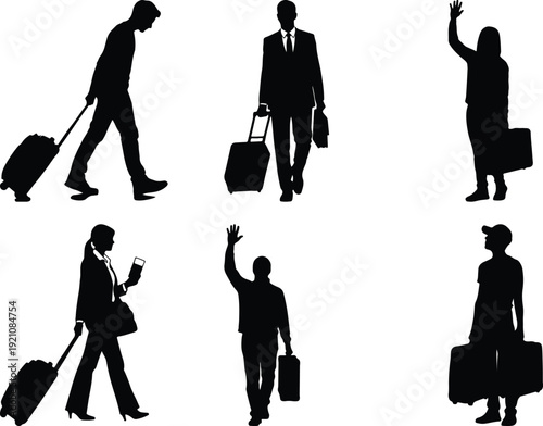 Silhouettes of travelers with luggage in various transit situations