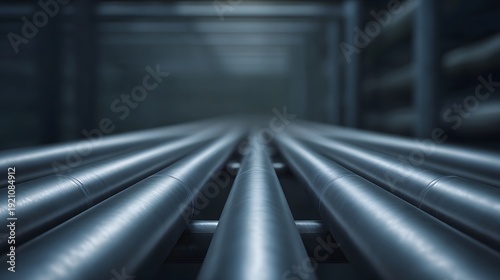 Wallpaper Mural Parallel metallic pipelines recede into the distance in a dimly lit industrial facility creating a sense of depth and order Torontodigital.ca