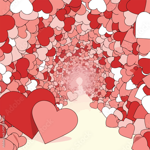 A heart-filled tunnel leads to a hazy figure in a romantic, love-filled design