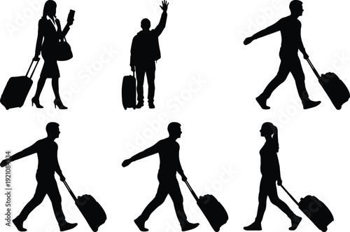 Silhouettes of travelers with various types of luggage heading in different directions