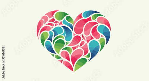 A heart-shaped graphic filled with colorful, stylized tear-drop-like shapes
