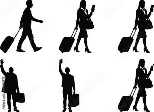 Diverse silhouettes of travelers with various types of luggage in motion
