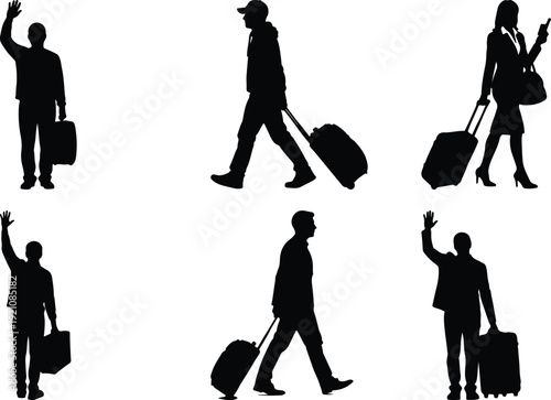Silhouettes of travelers with various types of luggage in motion