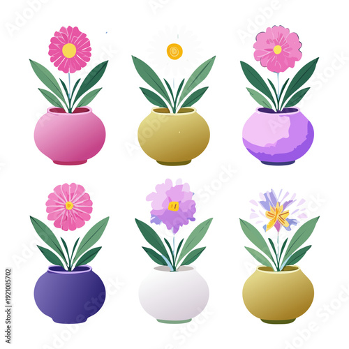 Beautiful Collection Of Pink And Purple Flowering Plant Illustration Set In Colorful Round Ceramic Pot For Home Decoration