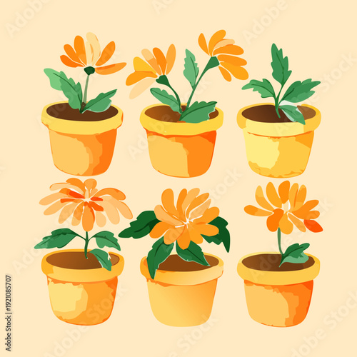 Sunny Yellow And Orange Flower Plant Illustration Set In Orange Clay Pot To Brighten Up Any Garden Space