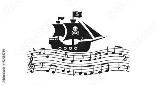 Pirate Ship Sailing on Musical Notes.