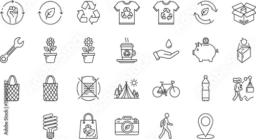 Vector set of eco-friendly and sustainability outline icons, featuring recycling symbols, renewable energy, nature, zero waste, and environmental protection elements