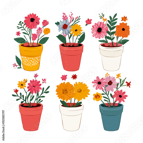 Colorful Summer Flower Bouquet Plant Illustration Set In Simple Red Pot To Add Color To Your Balcony