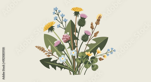 Wildflower bouquet with dandelions, thistles and forget-me-nots