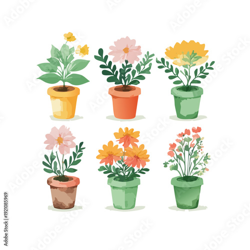 Colorful Summer Flower Mix And Garden Plant Illustration Set In Simple Terracotta Pot For Easy Gardening Projects