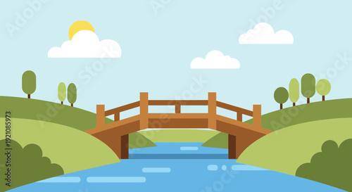 Wooden bridge over a blue river with green hills and sunny sky