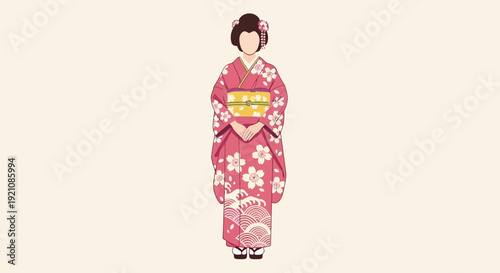 Woman in Traditional Pink Kimono with Floral Pattern and Obi