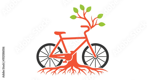 Bicycle with Tree Roots and Leaves.