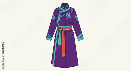 Traditional Mongolian Robe "Deel" Illustration, Purple Blue Orange