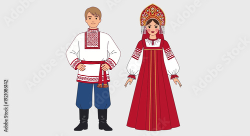 Traditional Russian Couple in Folk Costumes