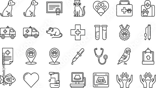Vector set of linear veterinary icons featuring dog, cat, bird, fish, ambulance, and medical tools for animal healthcare design projects.