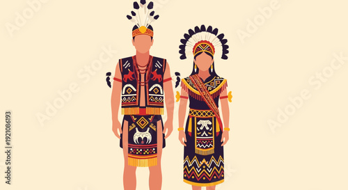 Traditional Tribal Couple in Festive Attire, Indigenous Culture Illustration
