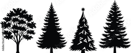 Black vector silhouette set of diverse trees including deciduous maple and coniferous pine for nature branding forest landscaping seasonal decor and environmental conservation design