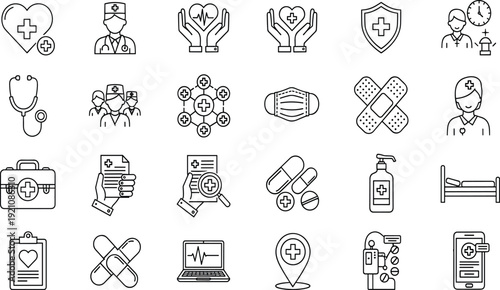 Vector Set of Medical and Healthcare Line Icons for Hospital, Clinic, Doctor, Nurse, Emergency, Pharmacy, and Health Insurance Projects.