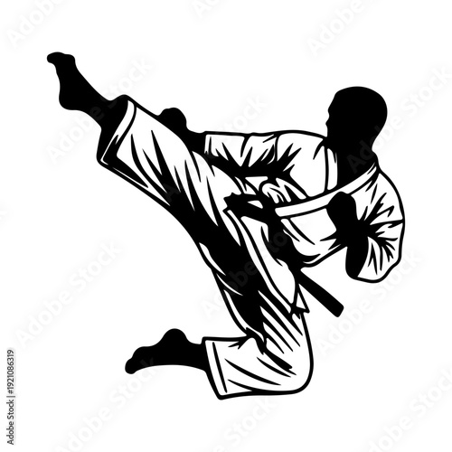Martial Arts High Kick Silhouette – Taekwondo Karate Fighter Vector Illustration.