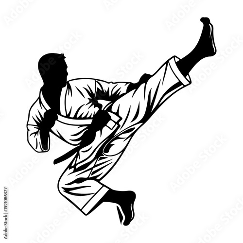 Martial Arts High Kick Silhouette – Taekwondo Karate Fighter Vector Illustration.