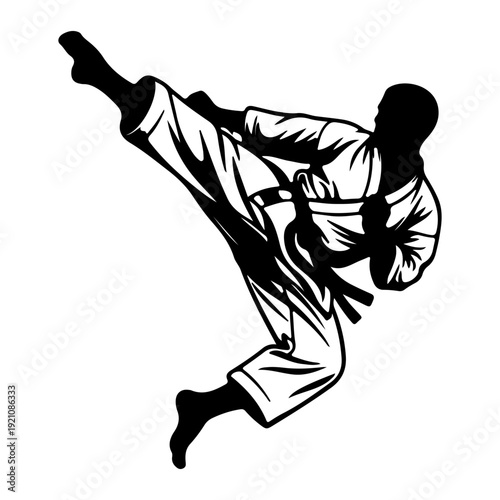 Martial Arts High Kick Silhouette – Taekwondo Karate Fighter Vector Illustration.