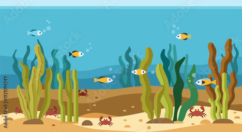 Underwater Scene with Fish, Crabs, and Seaweed