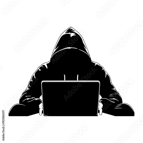 Hooded Hacker Silhouette – Anonymous Cyber Criminal Concept Vector Illustration.