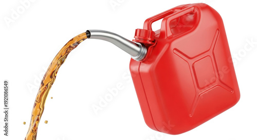 3d red gas can with fuel pouring out isolated transparent bg, cutout png