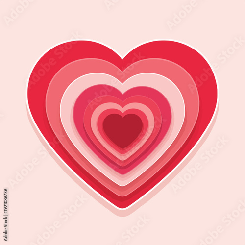 A layered, stylized heart in shades of red on a pink background