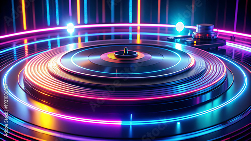 Close-up perspective of a sleek DJ turntable, encircled by pulsing neon pink and blue light rings, creating a vibrant and electric atmosphere.