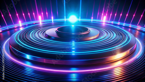 A circular DJ turntable platform bathed in cool blue and soft pink neon light, with bright light flares in the background, evoking a cosmic club vibe.