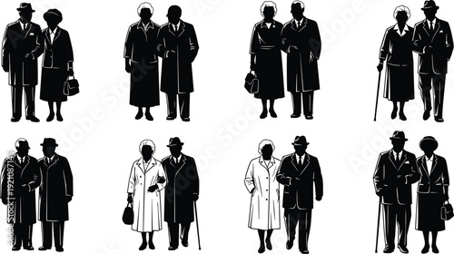 Black vector silhouette set of elderly couples walking together in formal coats for senior living retirement communities aging healthcare and mature family branding design
