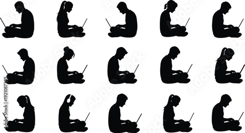 Laptop silhouettes, cross-legged people, digital work, remote study, online communication, technology lifestyle, diverse users, flat vector illustration