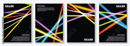 Neon laser beam cover template set with bright glowing lines on black background for posters