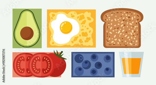 Assorted Breakfast Foods and Ingredients Display.