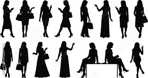 Women silhouettes, casual poses, fashion outfits, handbags, mobile phones, books, gesture studies, lifestyle design, posture artwork, flat vector illustration
