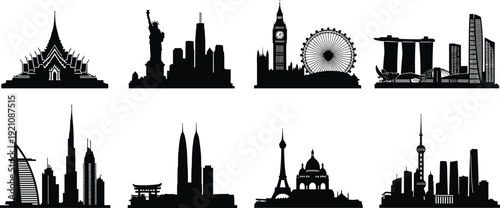 Black vector silhouette set of famous world city skylines and landmarks including London Paris New York Dubai and Singapore for global travel and tourism branding