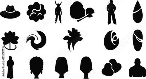 Abstract silhouettes and symbolic icons, human figures, plants, mystical shapes, fashion elements, conceptual design, creative artwork, flat vector illustration