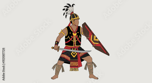 Warrior in Traditional Costume with Sword and Shield