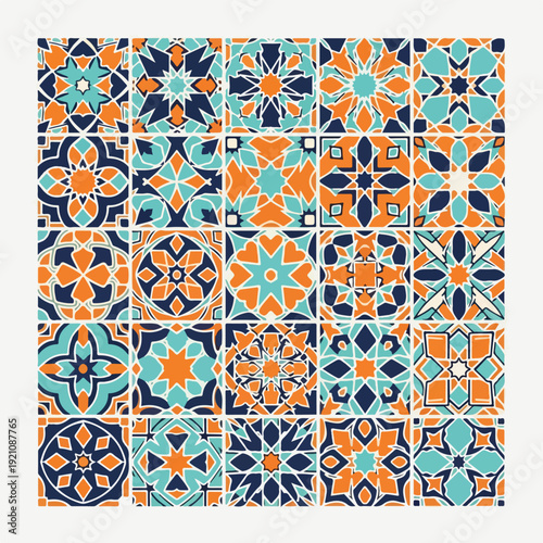 A mosaic of colorful, geometric patterns with a tile-like structure