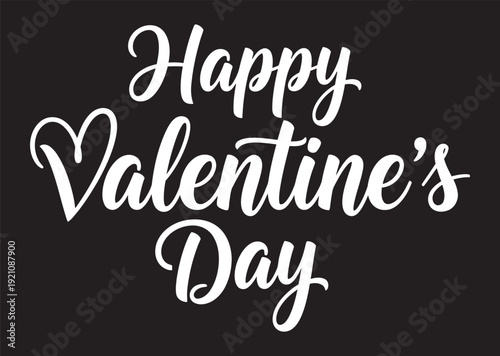 Elegant white cursive text 'Happy Valentine's Day' with a heart detail on a solid black background, perfect for romantic celebrations.