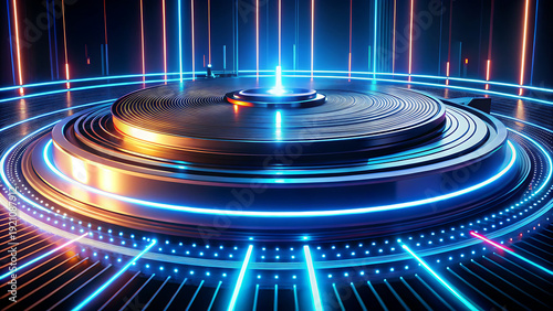 Circular stage with a DJ turntable and colorful neon vertical lights, creating a dynamic atmosphere for concerts and electronic music.