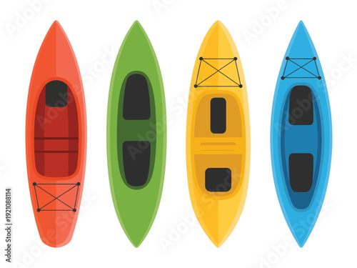 Four kayaks in different colors lined up against a white background.