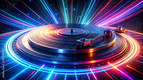Energetic music visualization with a DJ turntable at the center, surrounded by dynamic streaks of blue, pink, and yellow neon lights.