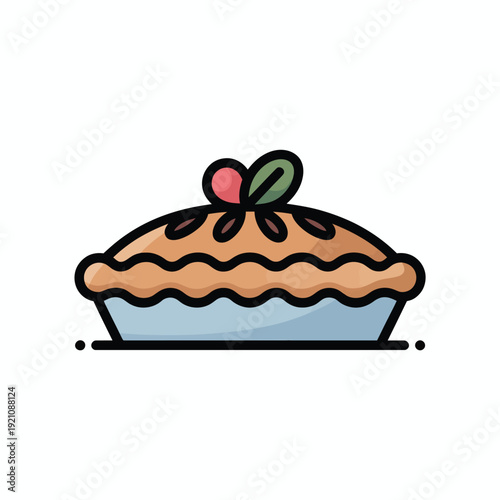 A cartoon pie with a cherry on top in a blue dish.