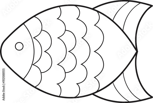 Basic outline drawing of a swimming fish with distinct scales and fins ready for coloring