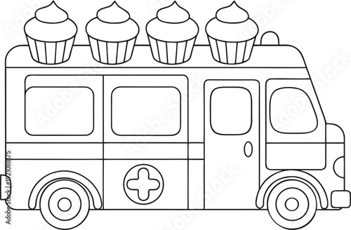 Ambulance vehicle carrying delicious frosted cupcakes on its roof a sweet delivery concept