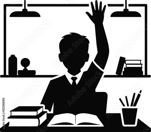 Student raising hand in classroom silhouette illustration for education and learning concepts with desk books and office supplies in black and white